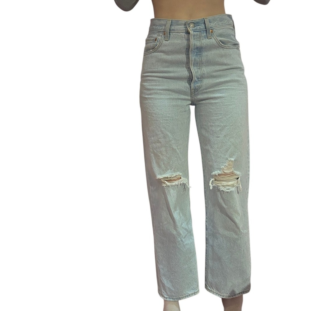 Levis Ribcage Straight Ankle Jeans 27 Light Wash Cotton Distressed High Rise - Picture 2 of 4